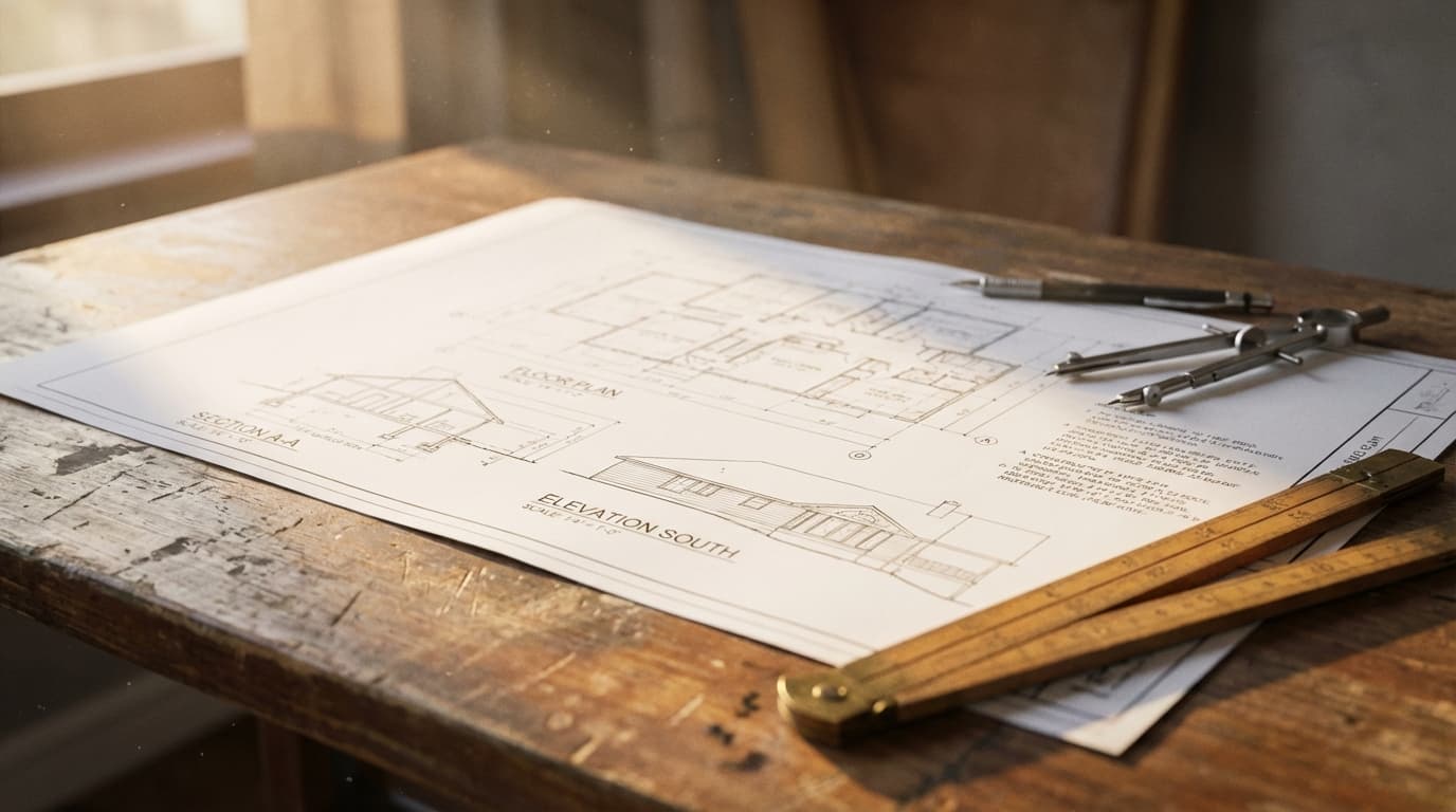 Project Management - Detailed view of planning documents, blueprints, and project tracking materials