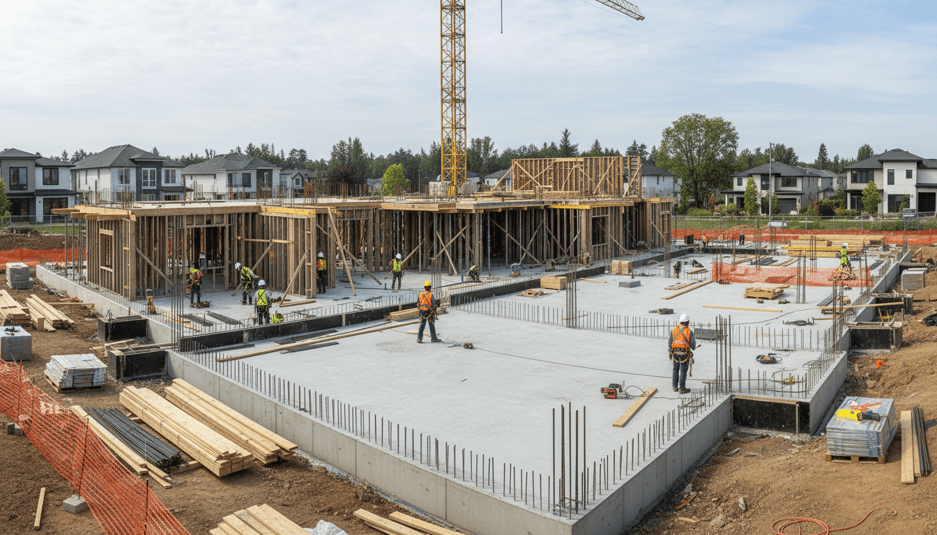 Construction contractor reviewing project plans on an active job site