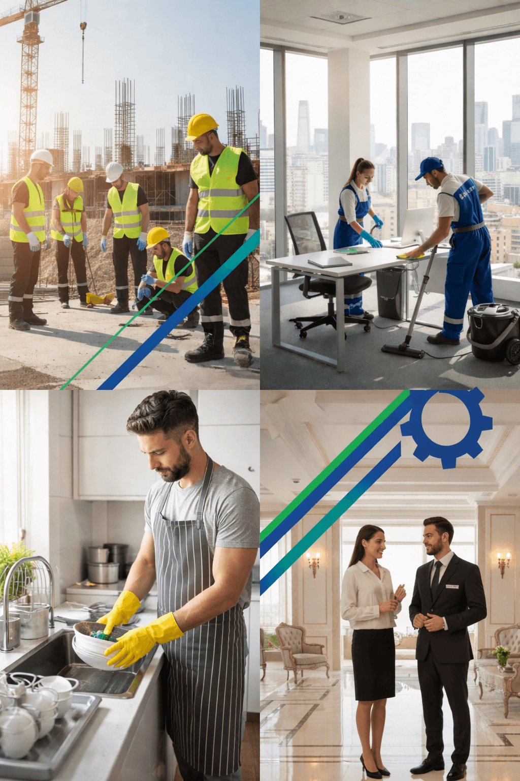 Collage of construction workers, office cleaners, a man washing dishes, and two business professionals.